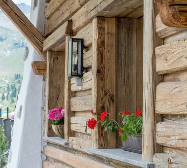 Detailaufnahme Außenansicht Fenster mit Balkonblumen 